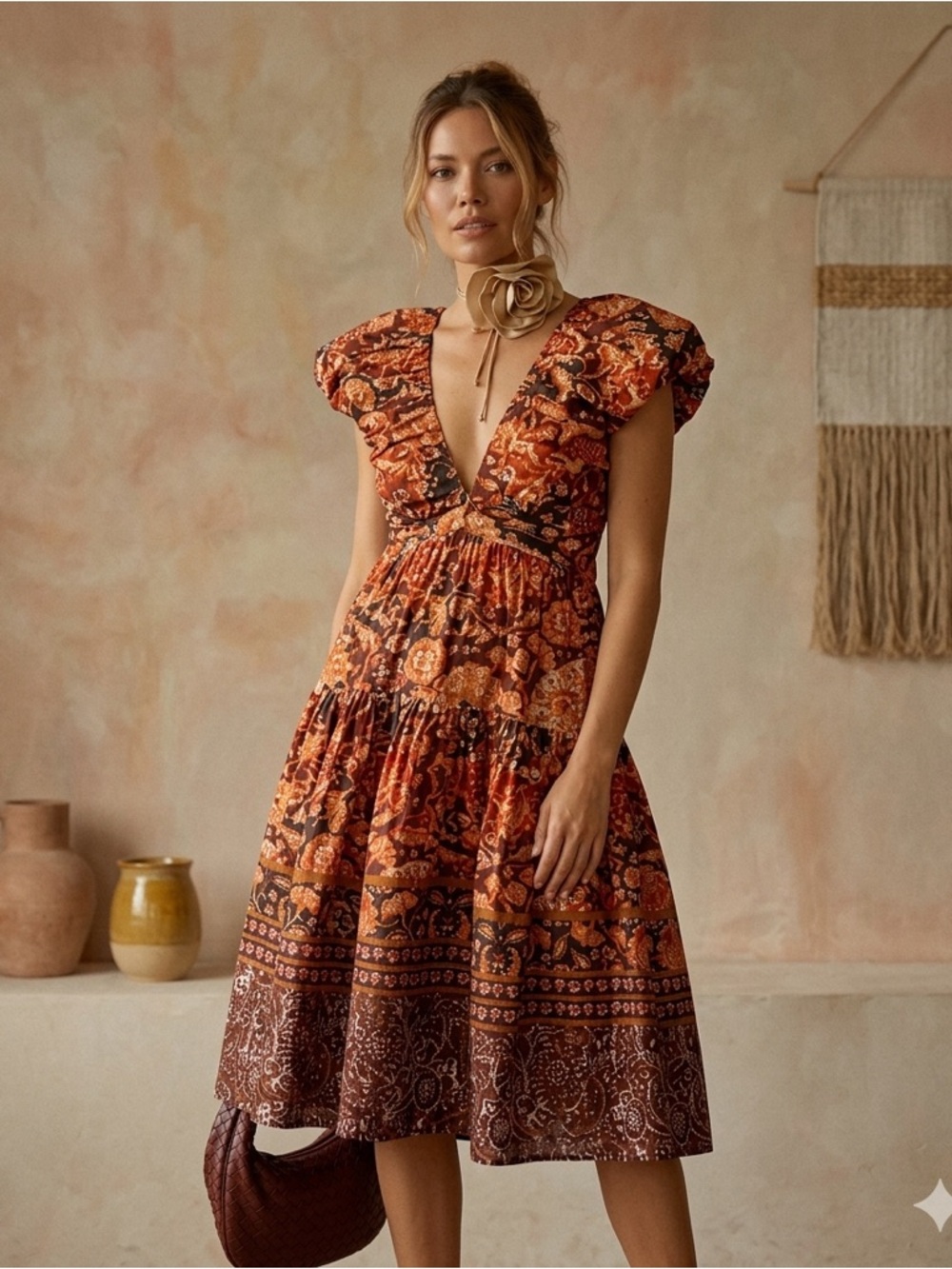 Anthropologie Babydoll Dress Red Motif V Neck Size 10 NWT
